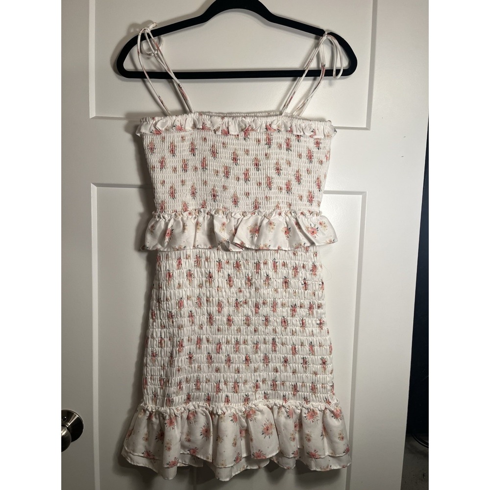 NWT STORIA M Ivory Pink Floral Smocked Mini Dress Ruffle Tie Straps